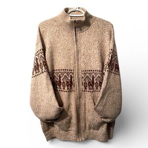 Vintage Knit Zip Up Wool Alpaca Design Cardigan Sweater Men’s Tan Brown L-XL